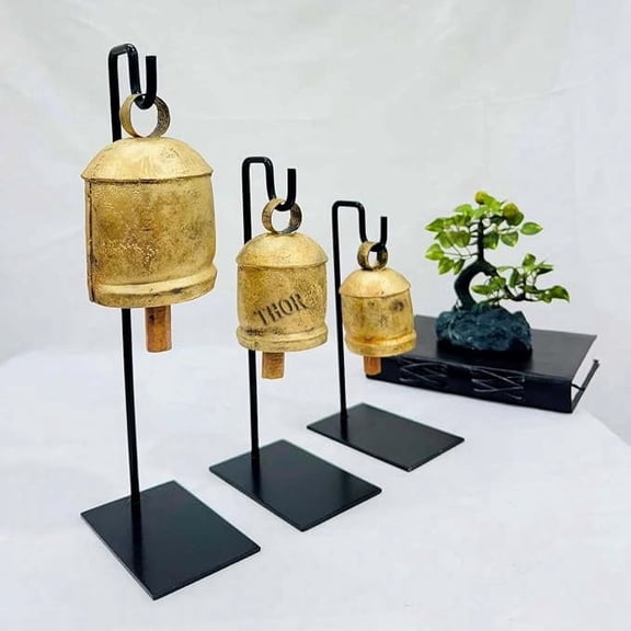 Handmade Brass Finish Hanging Bells for Door Chimes with Jute Rope Shabby Chic Decorative Bells