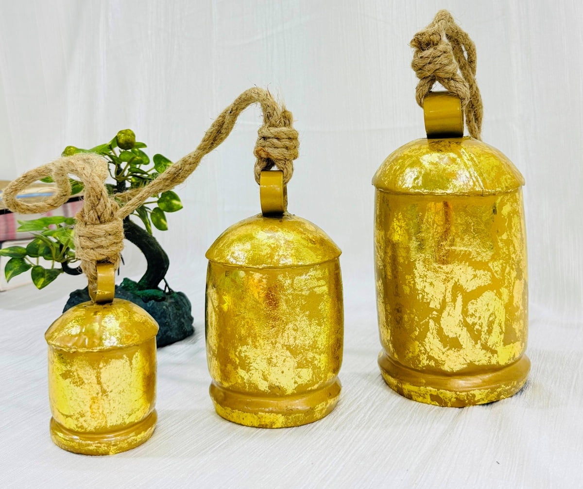 Handmade Brass Finish Hanging Bells for Door Chimes with Jute Rope Shabby Chic Decorative Bells