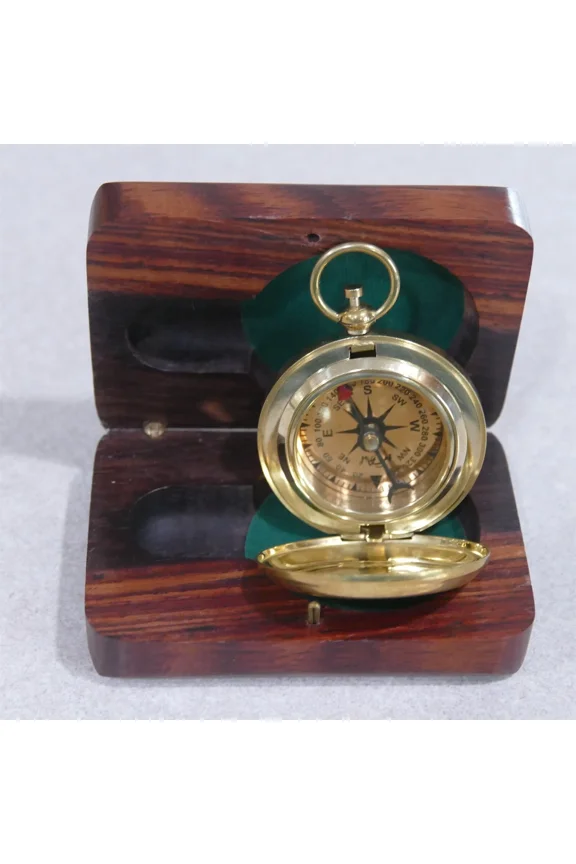 Handmade Brass Hunter Cased Compass Arrow Hand in Wood Case ~ Clean Works