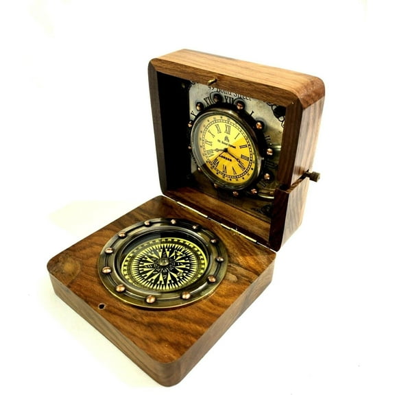 Handmade Brass Sundial Compass with Rosewood Box - Authentic Vintage Maritime & Nautical Decor, Collectible Gift for Him or Her