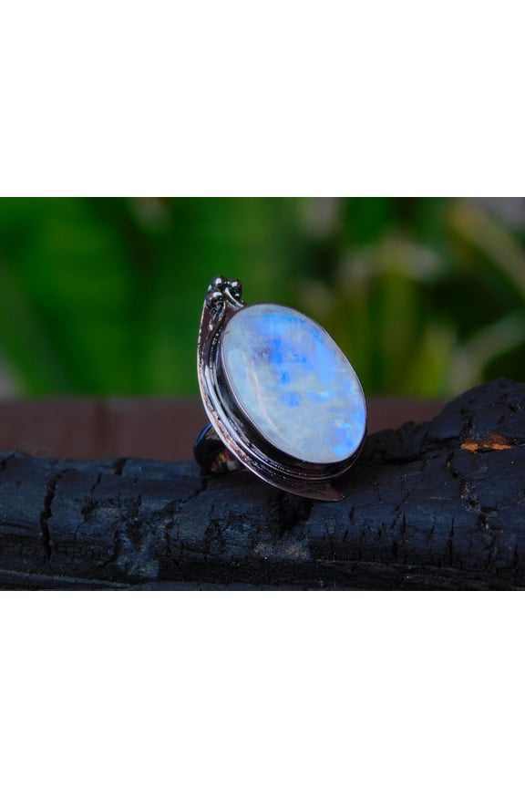 Handmade Brass White Rainbow Moonstone Ring Vintage Black Rhodium Gypsy Jewelry for Women - Best Black Electroplated Bohemian Ring