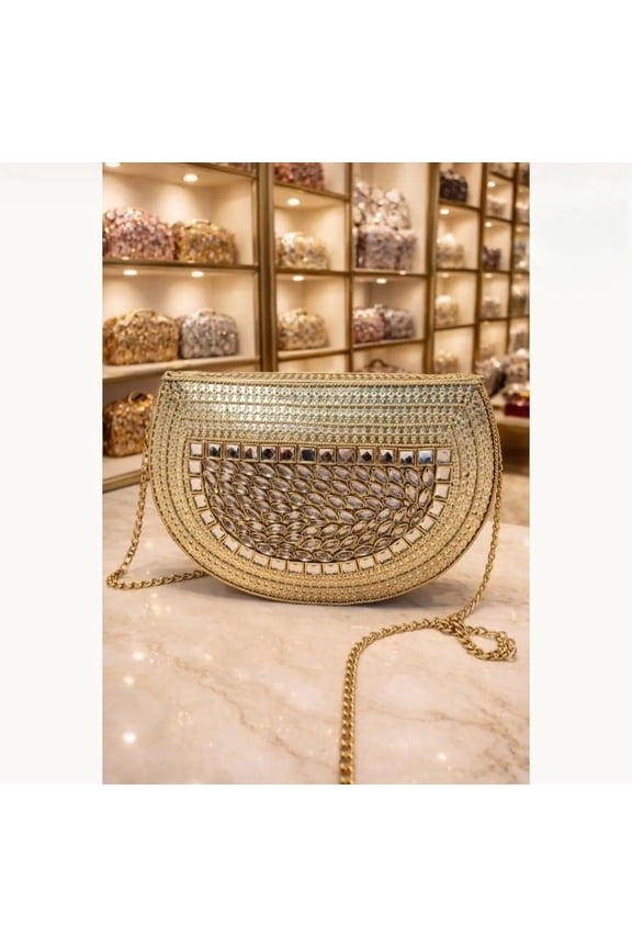 Handmade Bridal Gold Kundan Clutch Bag Evening Wedding Designer
