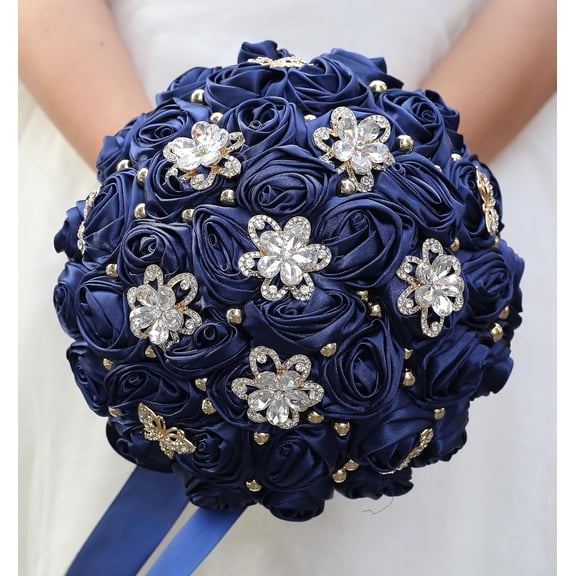 Handmade Bridal Wedding Bouquet Satin Rose Artificial Flower Bouquet for Bride Bridesmaid Holding Toss Round Wedding Bouquets Sparkling Rhinestone (Navy Blue, 9.4"/24cm)