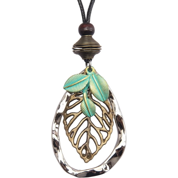 Handmade Bronze Color Multiple Ring Pendant Necklace Boho Style Long Leather Rope Sweater Necklace For Women[o7729]