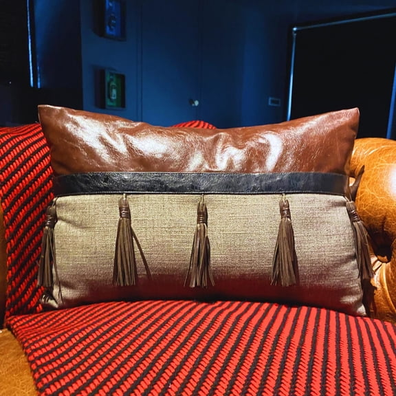 Handmade Brown 12"x22" (30x55 cm) Lumbar Pillow Cover, Faux Leather Tassels Trim, Cowboy, Horse & Lounge Oblong Pillow, Patchwork Pattern Modern Style - Royal Oak