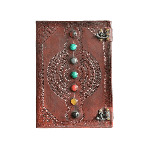Handmade Brown Embossed Leather Journal with 7 Healing Stones – 10"x7", 200 Pages– Vintage Writing Notebook