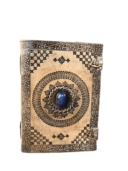 Handmade Brown Embossed Leather Journal with Blue Stone – 10" x 7", 200 White Pages– Vintage Artistic Notebook