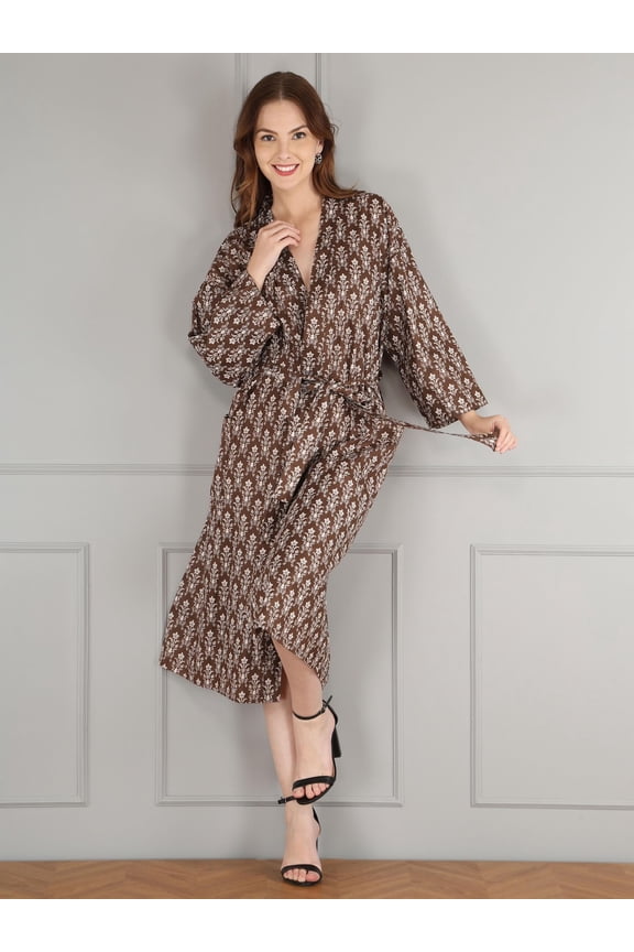 Handmade Brown Floral Block Print Kimono | Lightweight Cotton Robe | Boho Loungewear | Free Gift Included