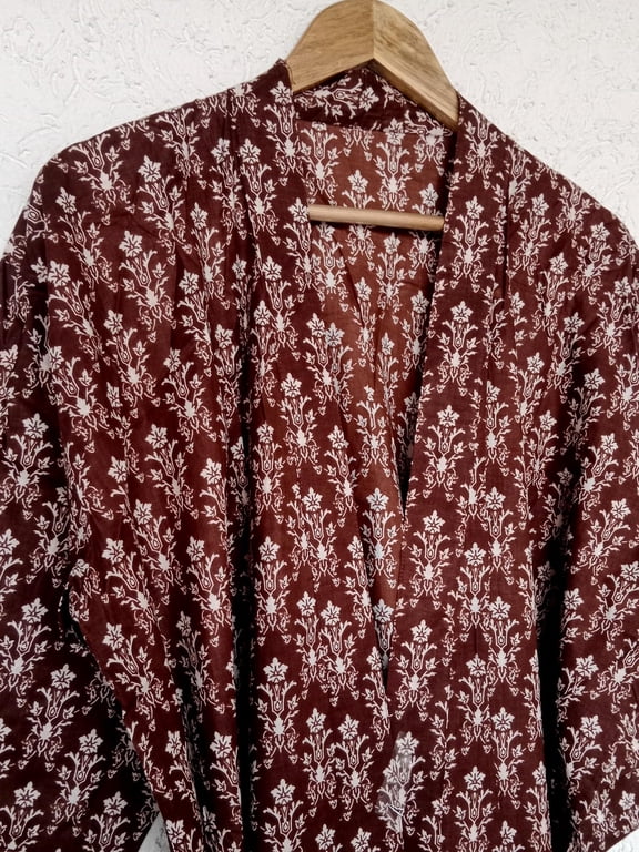 Handmade Brown Floral Block Print Kimono | Lightweight Cotton Robe | Boho Loungewear | Free Gift Included