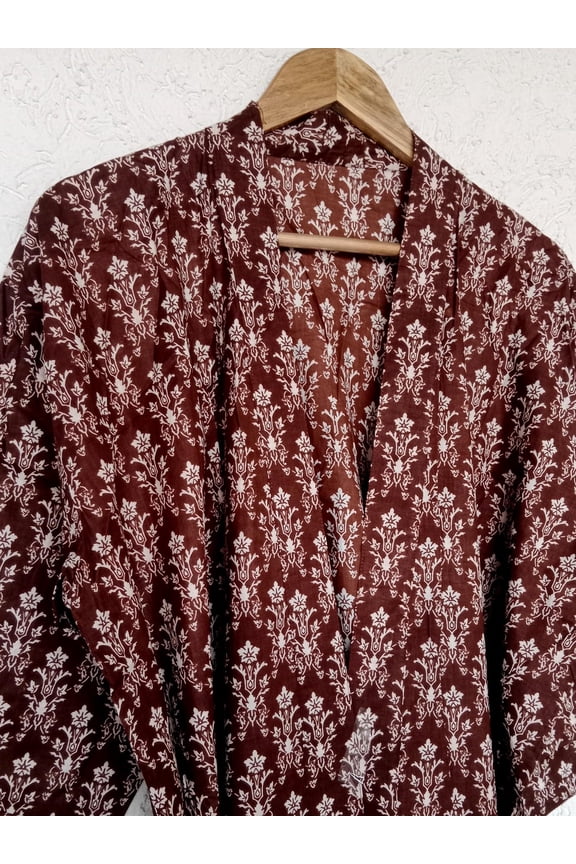 Handmade Brown Floral Block Print Kimono | Lightweight Cotton Robe | Boho Loungewear | Free Gift Included