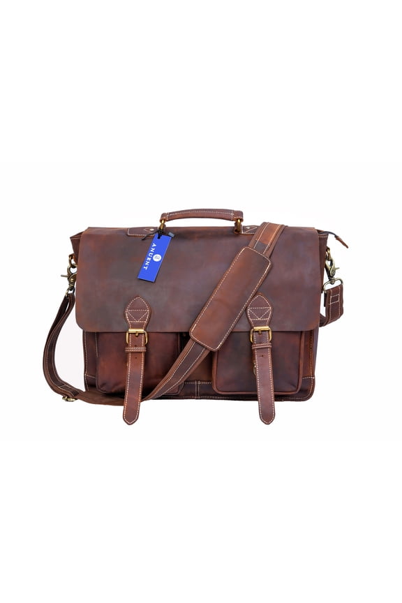 Handmade Brown Leather Laptop Bag With 2 Pockets.