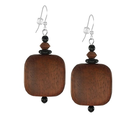 Handmade Brown Wood and Black Glass Drop Earrings – Sterling Silver Earwires