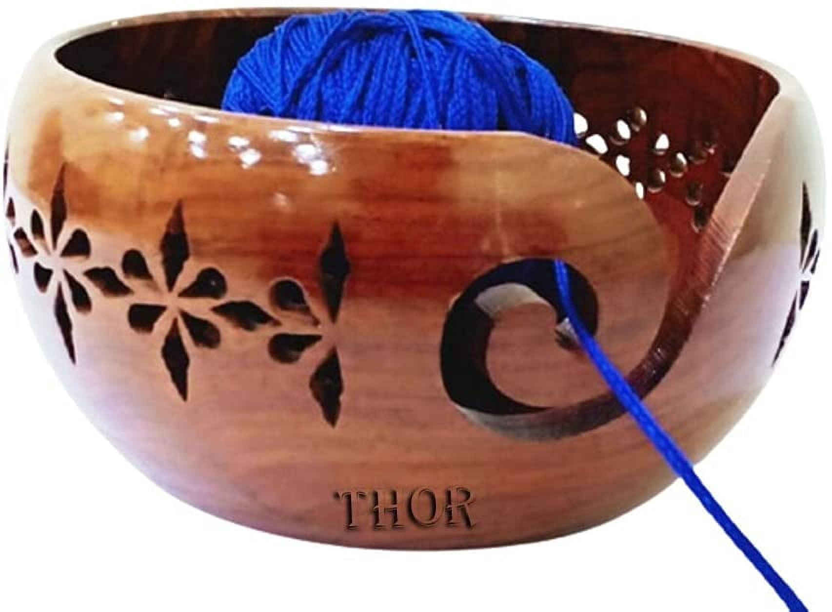 Handmade Brown Wooden Yarn Bowl Knitting Crochet Organizer Storage Holder