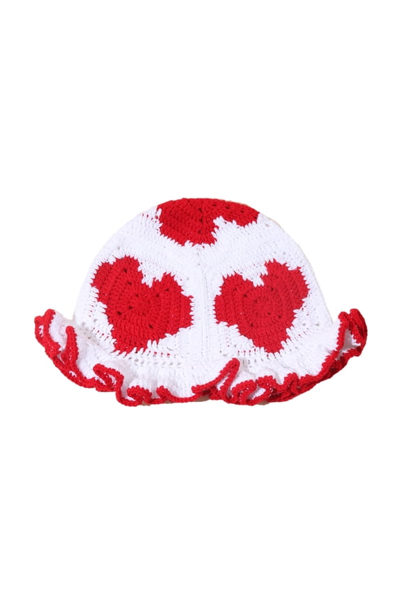 Handmade Bucket Hat Handwoven Heart Patches Crocheted Hat for Music Festival Stylish Heart Fisherman Hat