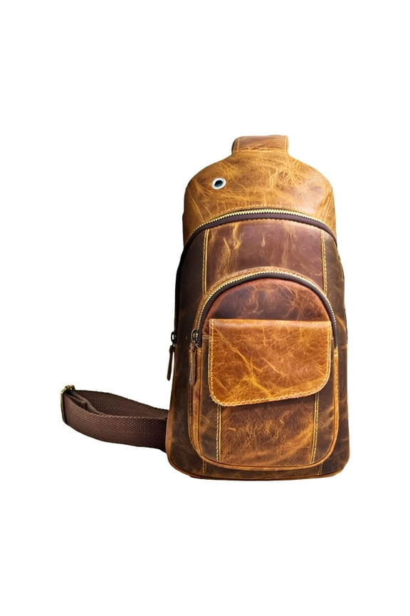Handmade Buffalo Leather Travel Hiking Crossbody Chest Sling Multipurpose Shoulder Strap Backpack Bag for Men and Womens (Brown, Large)