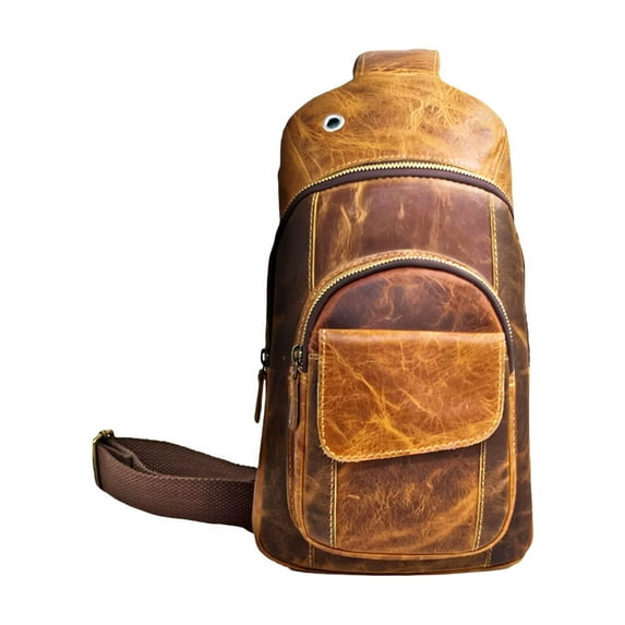 Handmade Buffalo Leather Travel Hiking Crossbody Chest Sling Multipurpose Shoulder Strap Backpack Bag for Men and Womens (Brown, Small)
