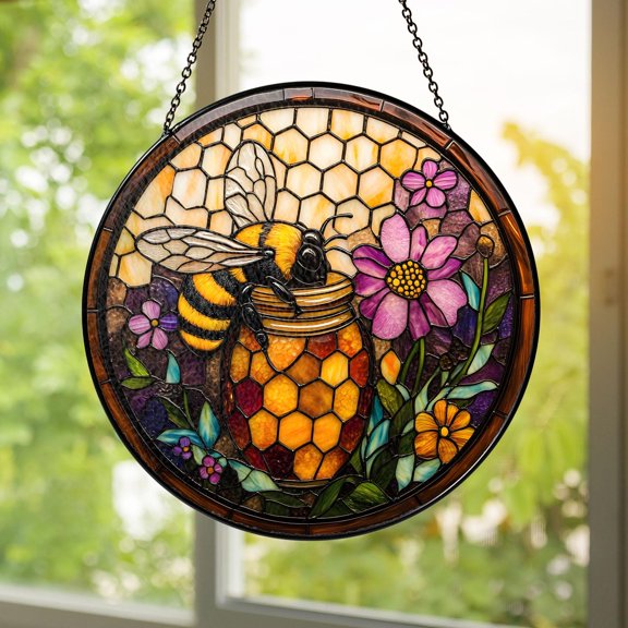 Handmade Bumblebee Honeycomb Honey Jar Nature Floral Stained Glass Suncatcher Window Hanging Home Decor Gift
