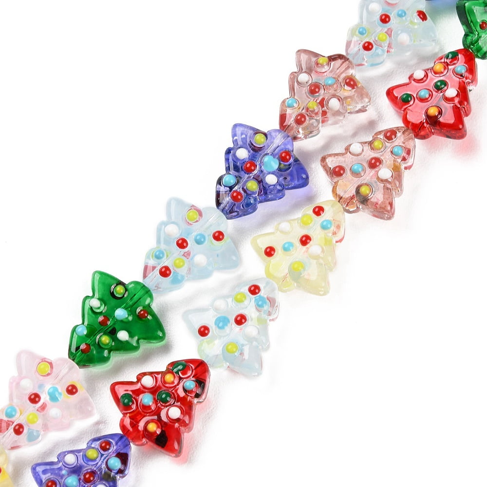 Handmade Bumpy Glass Beads Strands Hand Drawn Beads Dyed & Heated Dyed & Heated with Enamel Christmas Trees Colorful 16~16.5x14.5~15x7~7.5mm Hole: 1.2mm about 22pcs/strand 13.98~14.17 inch(35.5~36cm)