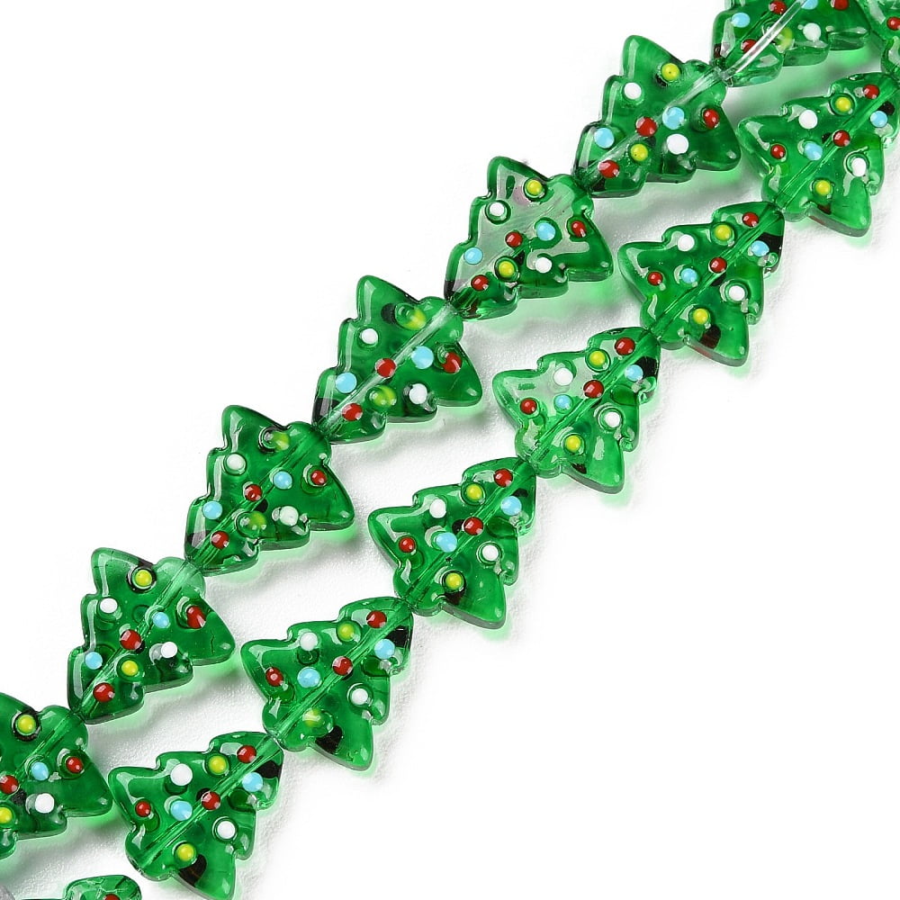 Handmade Bumpy Glass Beads Strands Hand Drawn Beads Dyed Heated Dyed Heated with Enamel Christmas Trees Green 16~16.5x14.5~15x7~7.5mm