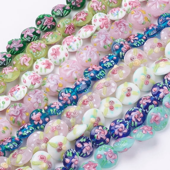 Handmade Bumpy Lampwork Beads Strands Flat Round with Flower Mixed color 17~20.5x10~14mm Hole: 1.4mm