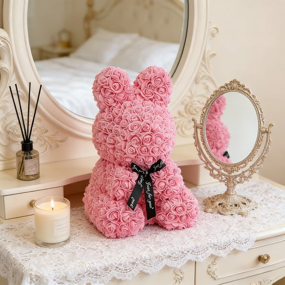 Handmade Bunny Artificial Rose with LED String Lights and Clear Gift Box, Romantic Rose Figurine for Mother's Day Birthday Wedding Valentine Home Table Decor Gift for Mom Girlfriend Wife