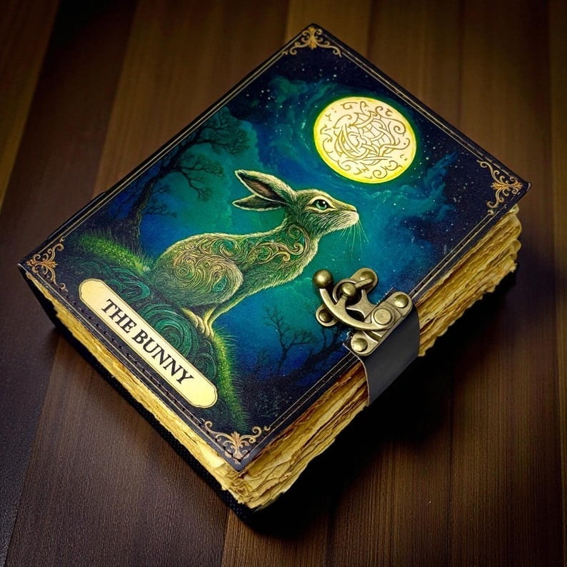 Handmade Bunny Leather Grimoire – 5x7 Inch Journal, 200 Handmade Deckle Pages, Vintage Witchy Notebook, Wiccan Pagan Book of Shadows