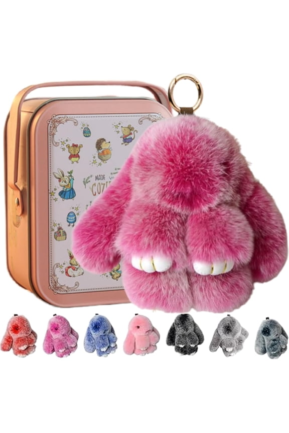 Handmade Bunny Plush Keychain with Gift Tin Box, Soft Rabbit Bag Charm Pendant, Cute Fluffy Key Ring Accessory for Backpack Purse Keys Gift Idea