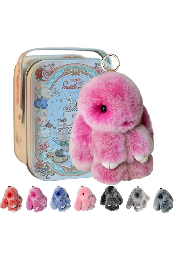 Handmade Bunny Plush Keychain with Gift Tin Box, Soft Rabbit Bag Charm Pendant, Cute Fluffy Key Ring Accessory for Backpack Purse Keys Gift Idea