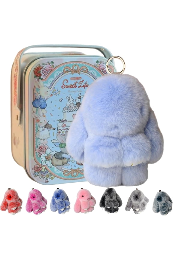 Handmade Bunny Plush Keychain with Gift Tin Box, Soft Rabbit Bag Charm Pendant, Cute Fluffy Key Ring Accessory for Backpack Purse Keys Gift Idea