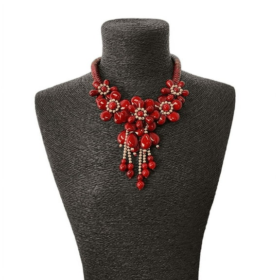 Handmade Burgundy Howlite Chunky Floral Tassel Necklace For Women by Isabella Jewelry