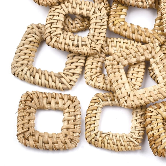 Handmade Cane/Rattan Woven Linking Rings For Making Straw Earrings and Necklaces Square BurlyWood 35~42x35~42x5~6mm Inner Measure: 15~20x15~20mm
