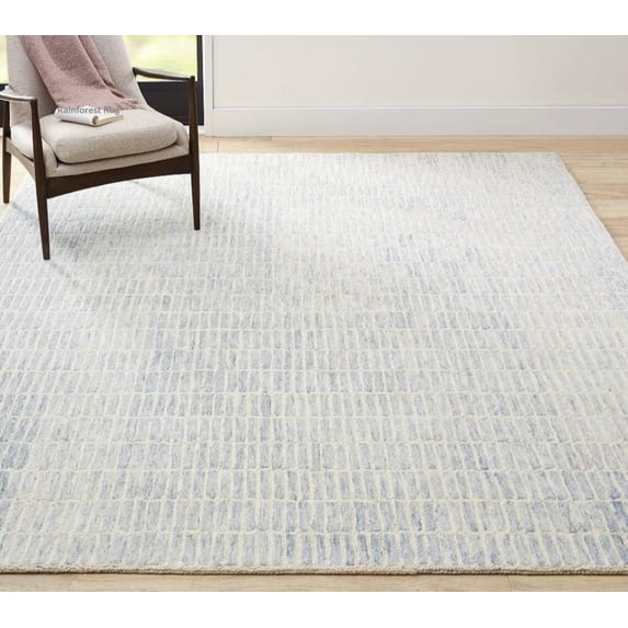 Handmade Capitola Space-Dyed Wool Area Rug with Cotton Backing, Modern Grid Design, Blue Space, 6x9, for Living Room, Bedroom, Dining Room, Office