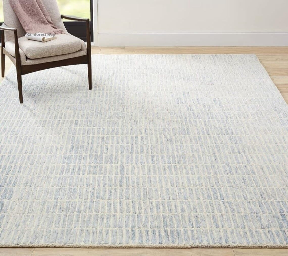 Handmade Capitola Space-Dyed Wool Area Rug with Cotton Backing, Modern Grid Design, Blue Space, 9x12, for Living Room, Bedroom, Dining Room, Office