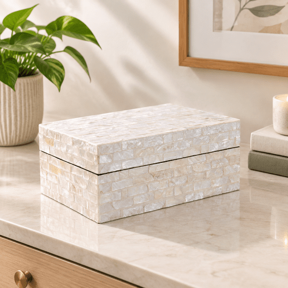 Capis Shells Handmade Capiz Shell Decorative Box with Hinged Lid, Pearlescent White ...
