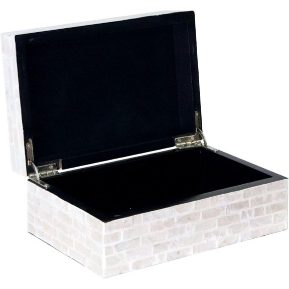 Handmade Capiz Shell Decorative Box with Hinged Lid - Pearlescent White Subway Tile Pattern Storage Organizer for Coffee Table Home Décor