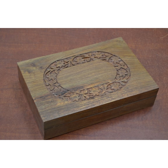 Handmade Carved Brown Flower Chest Storage Wood Box