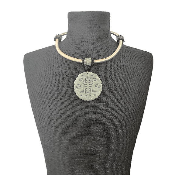Handmade Carved Natural Green Jade Good Fortune Pendant Statement Necklace For Women by Isabella Jewelry