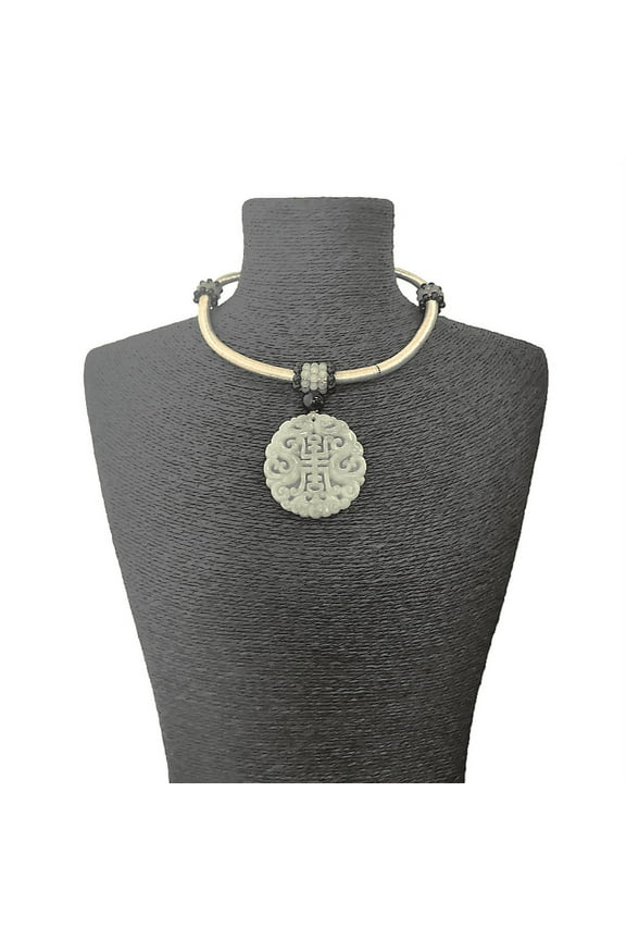 Handmade Carved Natural Green Jade Good Fortune Pendant Statement Necklace For Women by Isabella Jewelry