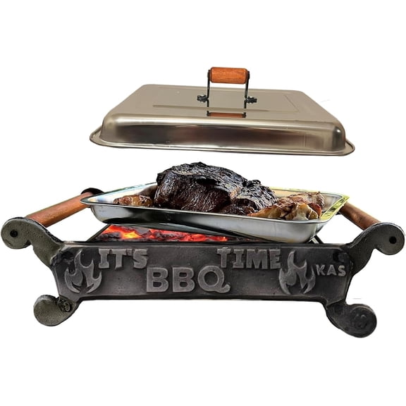 Handmade Cast Iron Tabletop Charcoal Grill & Food Warmer with Stainless Steel Tray, Wooden Handles, and Thermal Protector for Safe, Flavorful Grilling, It's BBQ Time
