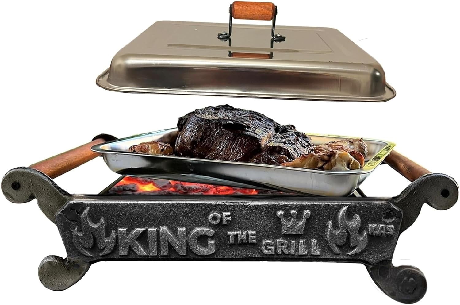 Handmade Cast Iron Tabletop Charcoal Grill & Food Warmer with Stainless Steel Tray, Wooden Handles, and Thermal Protector for Safe, Flavorful Grilling (King of the Grill)