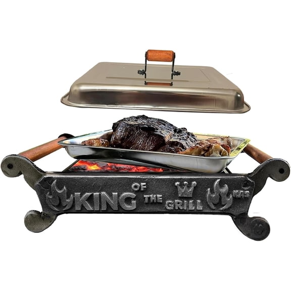 Handmade Cast Iron Tabletop Charcoal Grill & Food Warmer with Stainless Steel Tray, Wooden Handles, and Thermal Protector for Safe, Flavorful Grilling (King of the Grill)
