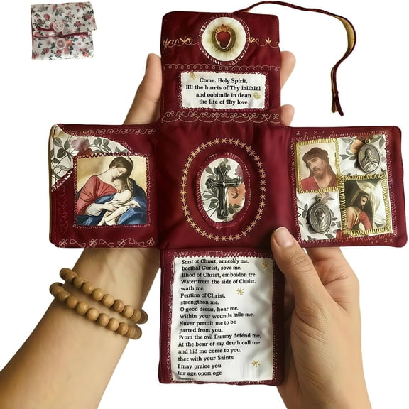 Handmade Catholic Prayer Pouch with Silver Cross, Fabric Pocket Shrine for Travel