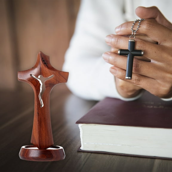 Handmade Catholic Wooden Cross, Tabletop Standing Jesus Crucifix Religious Prayer Decoration Crafts for Home, Church, Heartwarming Gift for Christmas, Weddings, Baptism