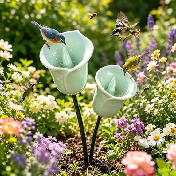 Handmade Ceramic Bee Watering Station, Flower Pollinator Water Feeder with Stake for Butterfly Patio Lawn Garden(2PCS-B)