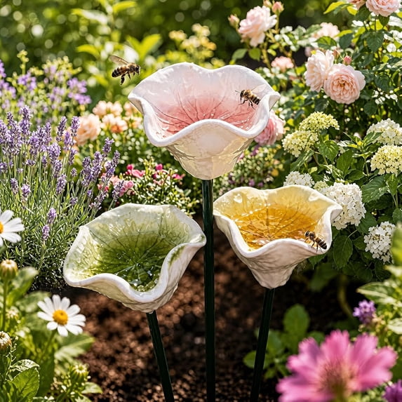 Handmade Ceramic Bee Watering Station, Flower Pollinator Water Feeder with Stake for Butterfly Patio Lawn Garden(3PCS-H)