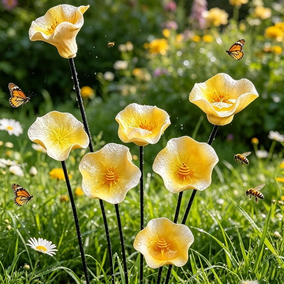 Handmade Ceramic Bee Watering Station, Flower Pollinator Water Feeder with Stake for Butterfly Patio Lawn Garden(7PCS-Q)