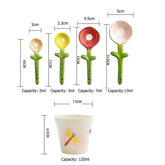 Handmade Ceramic Flower Measuring Spoons Set 4-Piece With Boxed Gift Base And Towel Pink 13 Ml