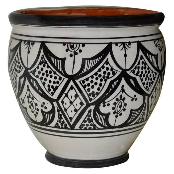 Handmade Ceramic Flower Pot Moroccan Indoor Outdoor Mediterranean Spanish Style Garden Drain Hole Planter White & Black