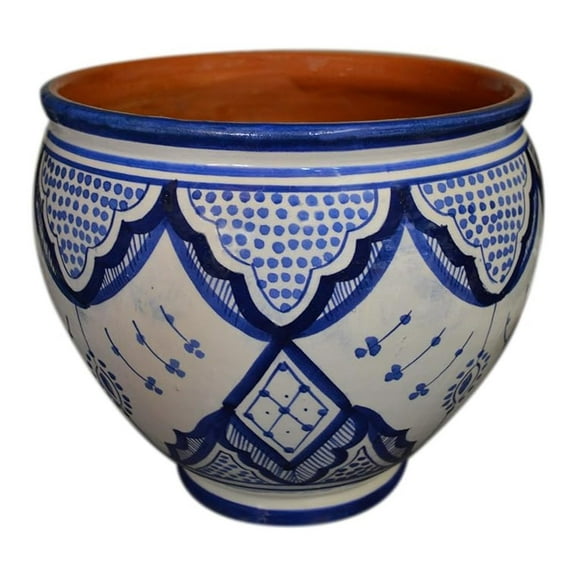 Handmade Ceramic Flower Pot Moroccan Indoor Outdoor Spanish Style Garden Drain Hole Planter White Blue