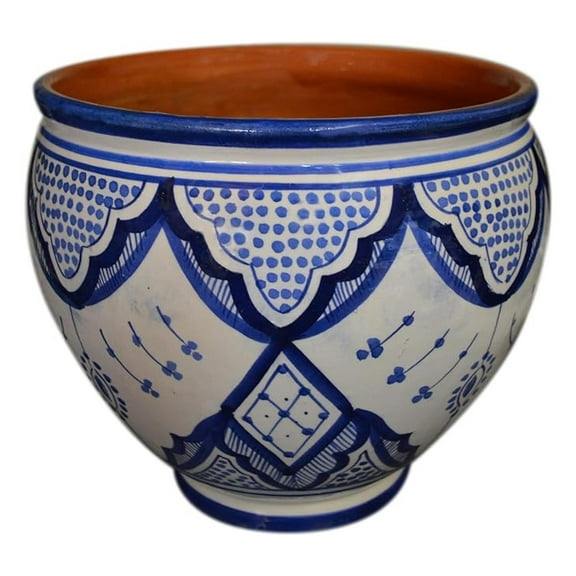 Handmade Ceramic Flower Pot Moroccan Indoor Outdoor Spanish Style Garden Drain Hole Planter White Blue